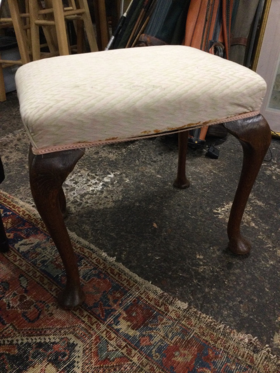 A rectangular Victorian oak upholstered stool raised on cabriole legs with pad feet; and a modern - Image 3 of 3