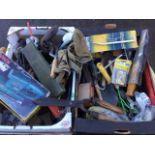 Two boxes of miscellaneous tools - pliers, a brass blowlamp, a boxed Bosch sander, spanners, shears,