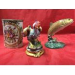 A Beswick model of a leaping trout - 1390; a Capodimonte porcelain cockerel on gilt scrolled base;