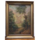 Early twentieth century oil on canvas, landscape with Knaresbro Castle framed by woodland with