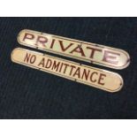Two brown & cream rectangular rounded enamelled signs from Akeld Station, No Admittance and Private.