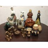 Miscellaneous ceramics including Lladro figurines and a piggy bank, various monks including