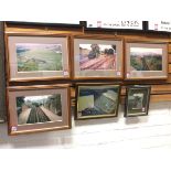 Five framed coloured landscape photographs of trains on the old branch line; and another smaller