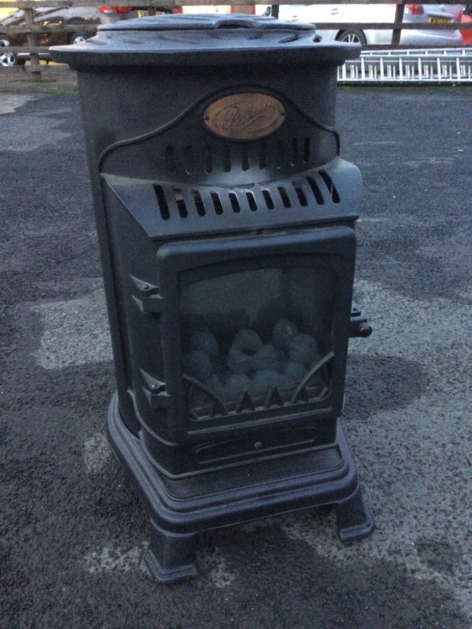 A Provence portable gas stove, the tubular case for gas bottle behind a hinged glazed door, raised - Image 2 of 3