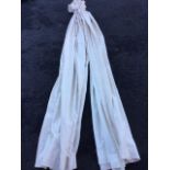 A pair of cream coloured damask style lined & pleated curtains woven in a floral pattern. (80in) (