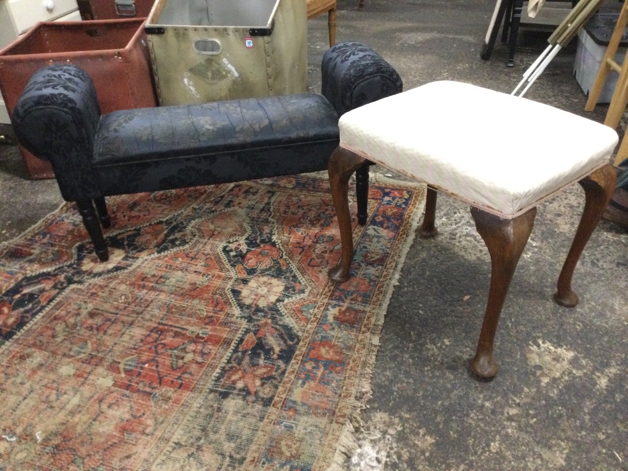 A rectangular Victorian oak upholstered stool raised on cabriole legs with pad feet; and a modern