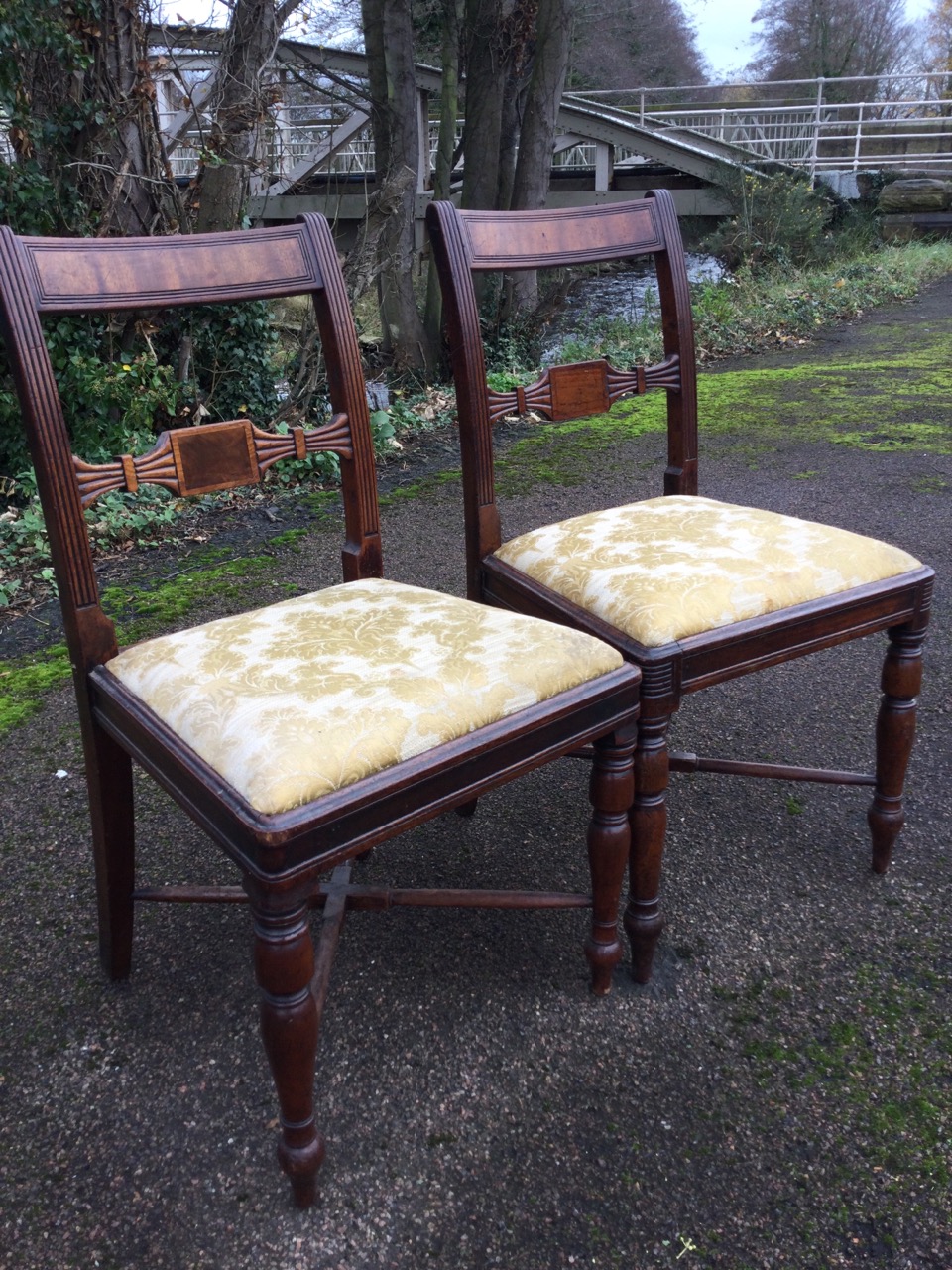 A near pair of nineteenth century mahogany dining chairs with tablet back rails framed by fluted - Image 2 of 3