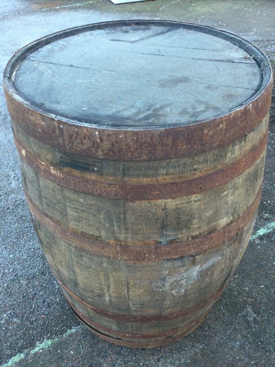 An old oak whiskey barrel, the staves bound by six riveted metal strap bands. (35in) - Image 3 of 3