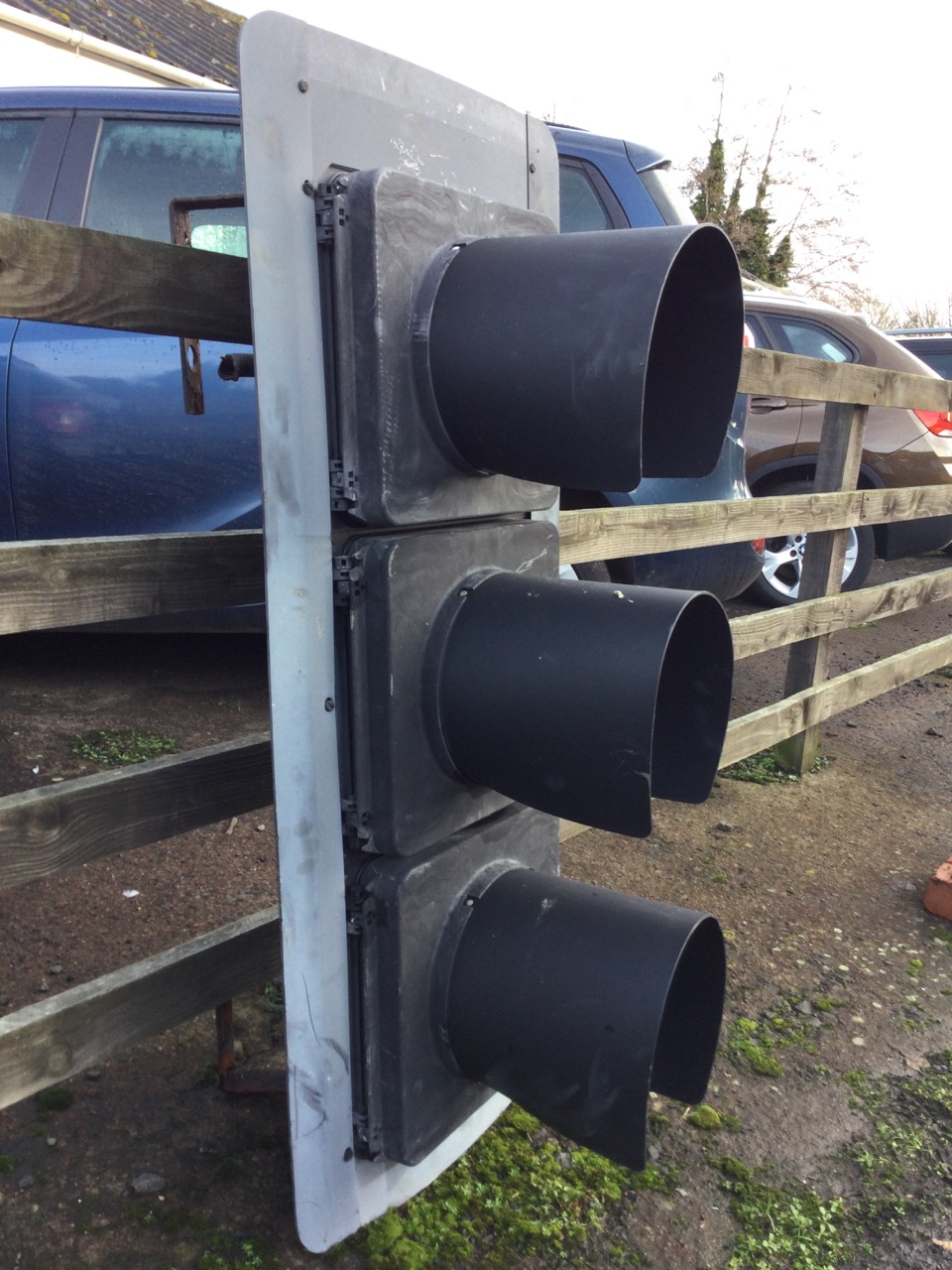 A set of traffic lights with convex lenses having covers in rectangular frame. (49.75in x 22in x - Image 3 of 3