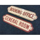 Two brown & cream enamelled signs from Akeld Station, General Room and Booking Office, the