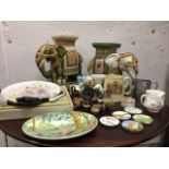 Miscellaneous ceramics including a Sowerby cup vase, a pair of stoneware elephants, commemorative,