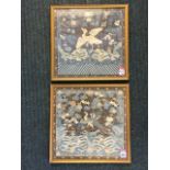 A pair of stylised Chinese paintings on stitched woven cloth, each depicting bird on waves with