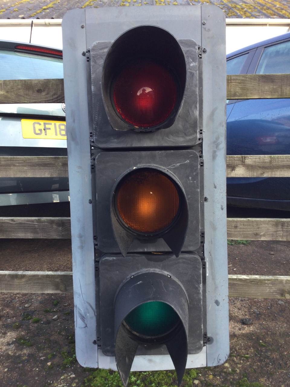 A set of traffic lights with convex lenses having covers in rectangular frame. (49.75in x 22in x - Image 2 of 3