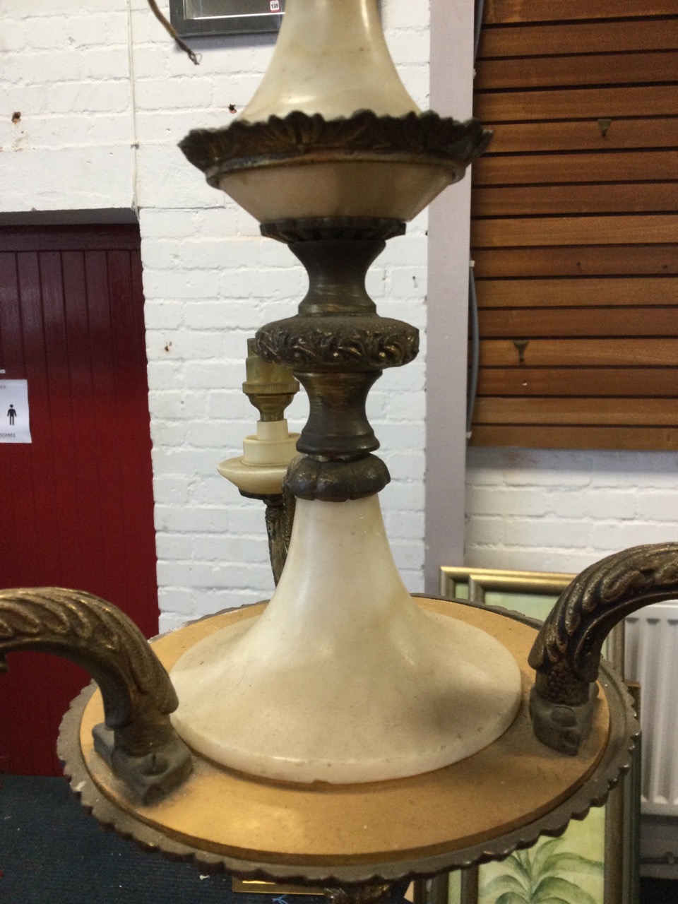 A gilt metal & alabaster chandelier, the column with leaf mounts supported by a chain, the bowl type - Image 2 of 3