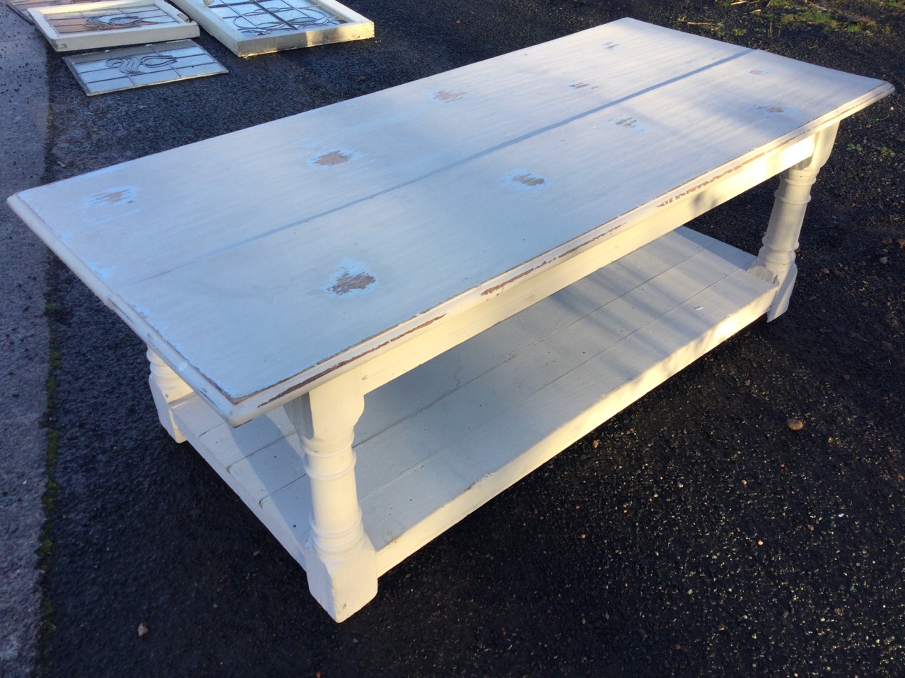 A painted rectangular oak coffee table, the moulded top on turned column legs united by platform - Image 2 of 3