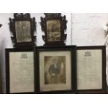 A pair of First World War family photographs in stained fretwork frames; a late Victorian framed