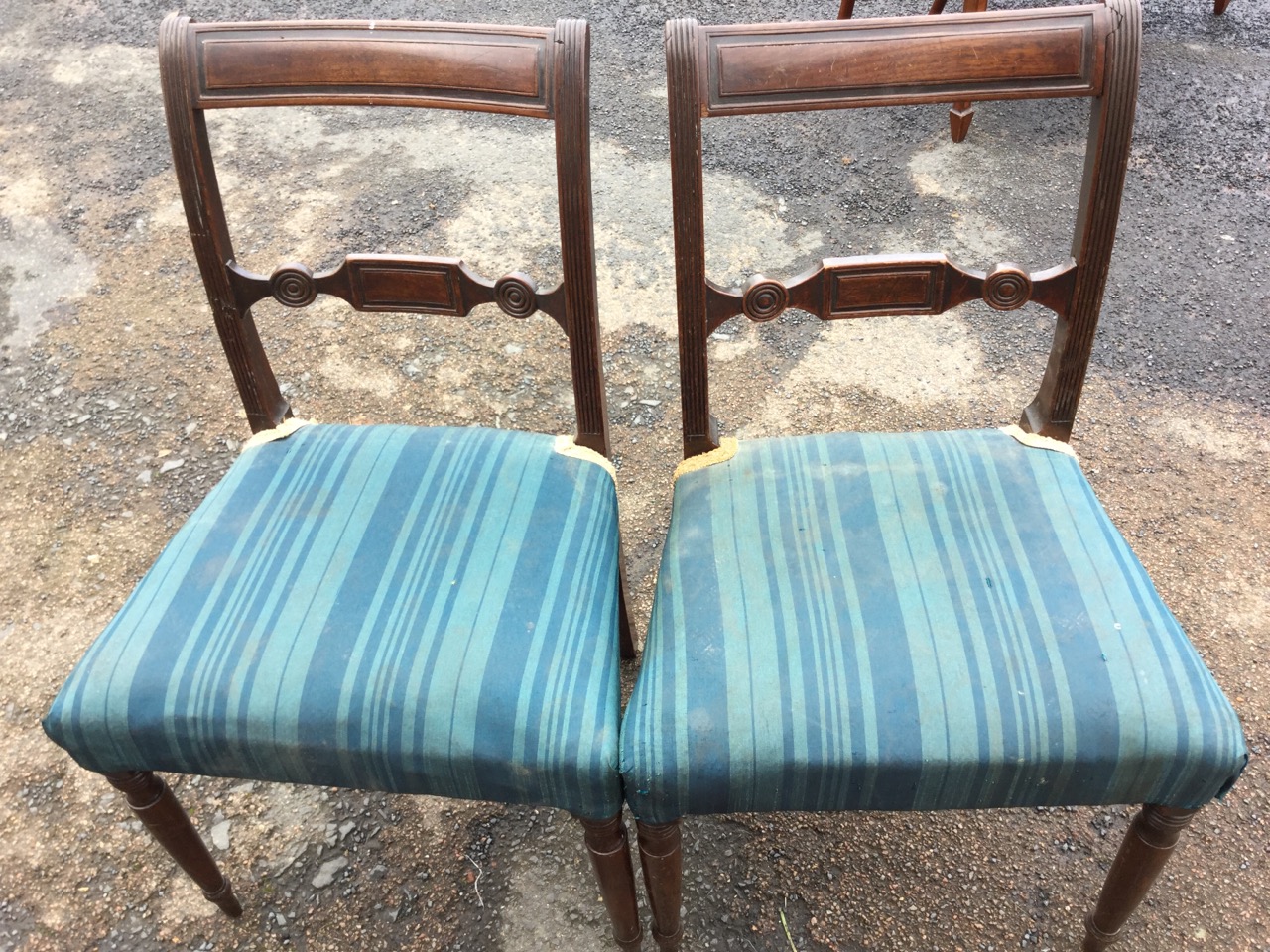 A pair of nineteenth century mahogany chairs with tablet panelled back rails on ribbed stiles, the - Image 2 of 3