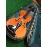 A coffin cased violin & bow, the re-polished instrument with boxwood & ebony stringing having twin-