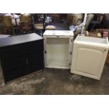 A modern three drawer chest; a metal glazed cabinet; and a painted kitchen unit. (3)
