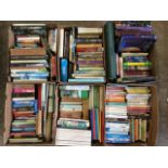 Six boxes of books; novels, reference books, coffee table books, the Times Atlas of the World,