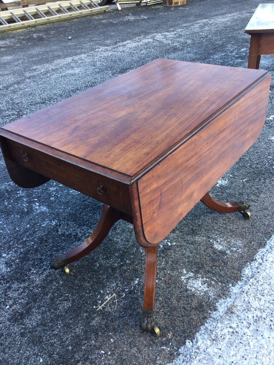 A nineteenth century mahogany sofa table, the rectangular moulded top with D-shaped drop leaves - Image 3 of 3