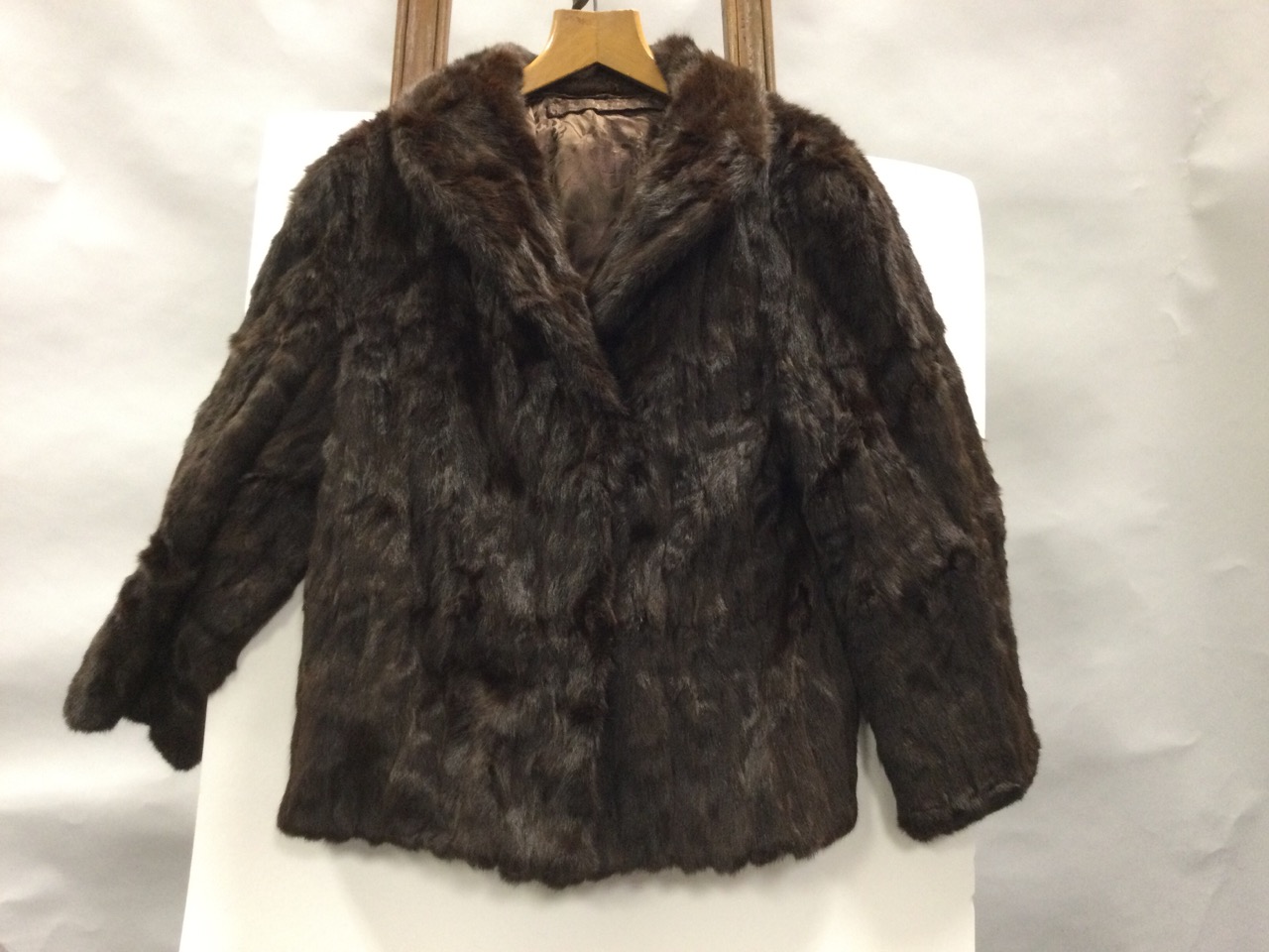 A lined mink fur coat with hook and eye fastenings, pockets, wide collar - size 12/14; and a fox fur - Image 2 of 3