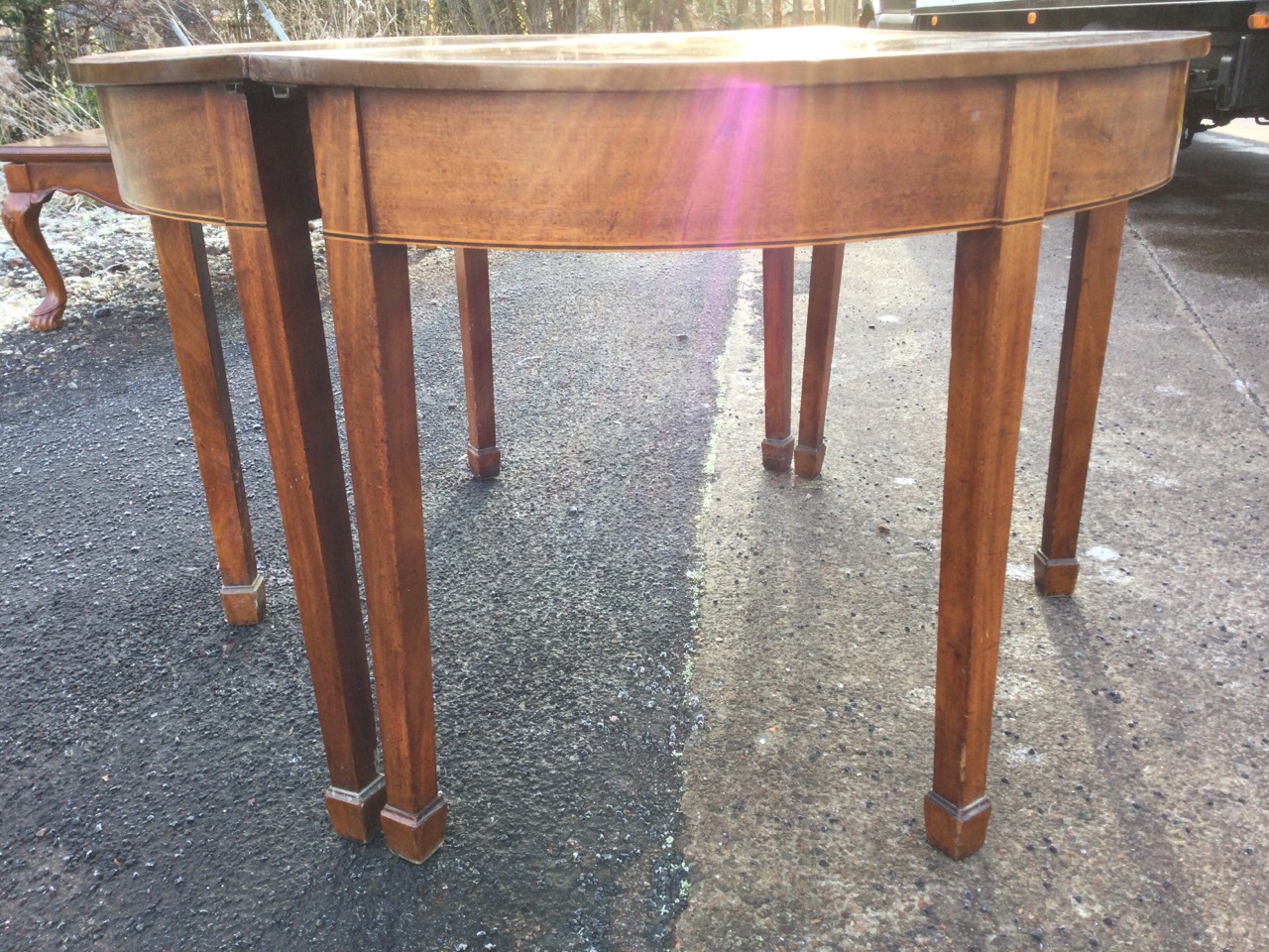 A pair of nineteenth century D shaped mahogany tables forming a circle, the friezes inlaid with - Image 3 of 3