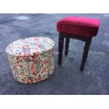 An oval floral upholstered sewing box with internal tray; and a square upholstered hardwood