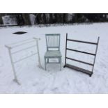 A painted towel stand with four octagonal rails; a painted side chair, the back with moulded slats