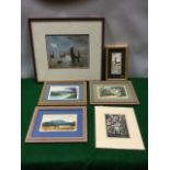 A 1914 framed oil on board with boats on water, signed with monogram; a set of three framed