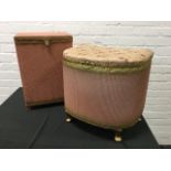 A Lloyd Loom style D shaped dressing table stool/linen basket with upholstered hinged seat, raised