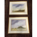 Dennis Wood, watercolours, landscapes with buildings on the horizons, a pair, signed, mounted &