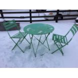 A circular folding garden table, and a matching pair of chairs with slatted backs & seats. (3)