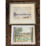 Lawrence White, watercolour, skyline and bridge with boats in foreground, signed, mounted &