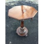 A Victorian octagonal mahogany lamp table, the moulded top with turned drop finials supported on a