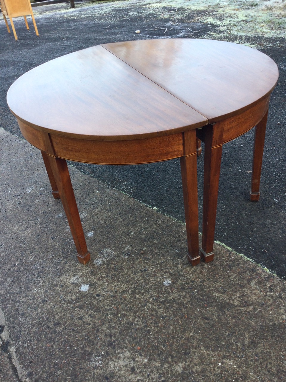 A pair of nineteenth century D shaped mahogany tables forming a circle, the friezes inlaid with - Image 2 of 3