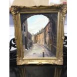 Ann Celia Freeman, oil on board, Hull streetscape with figure on pavement, signed and in swept