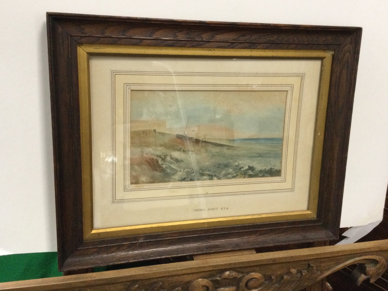 Tom Scott, watercolour, coastal seascape with boat & figure, inscribed in pencil to verso, mounted &