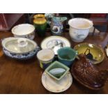 Miscellaneous ceramics including jardinieres, a Victorian chamber pot, a cased Japanese plate, a