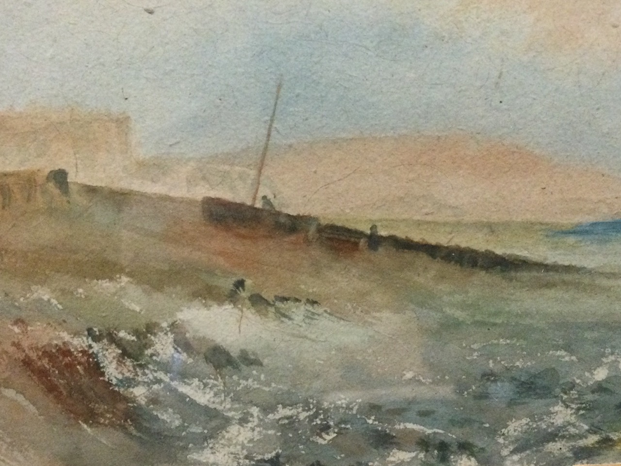 Tom Scott, watercolour, coastal seascape with boat & figure, inscribed in pencil to verso, mounted & - Image 2 of 3