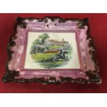 A Victorian Sunderland lustre plaque by S Moore & Co, the hunting scene in scrolled frame with