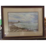 JG Martin, watercolour, coastal view with Lindisfarne from Budle Bay having figures & boats in