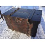 A stained mahogany box with iron mounts and brass hinges. (29.5in x 17.25in x 18.5in)