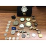 The residual contents of a jewellery box including a Victorian silver engraved pocket watch, three-