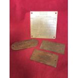 Two brass plaques from HMS Ark Royal with technical information on pumps & motors; and two others