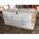 A rectangular galvanised corn bin, the hinged lid revealing three compartments. (54in x 24.5in x