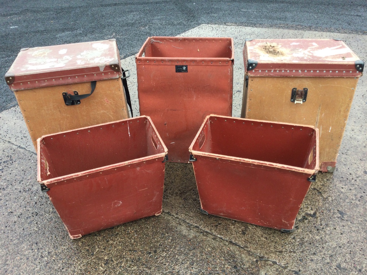 A group of five cartons from a Scottish mill, the bins riveted having carrying handles. (5)