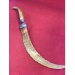 A horn mounted janbiya having metal leaf collars to hilt and sheath, the blade highly polished. (