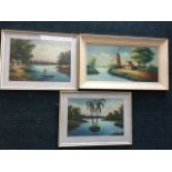 Oil on canvas, river landscape with windmill, signed and in painted frame; and a pair of eastern oil