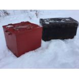 A rectangular galvanised box with iron mounts, having carrying handles to ends - 31.75in; and